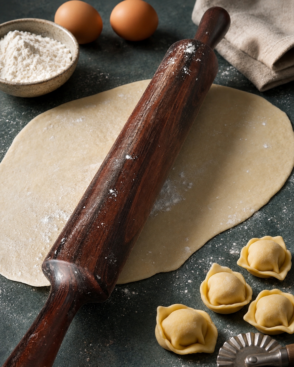 Massa fresca aberta com rolo de madeira, ao lado de capeletes fechados à mão