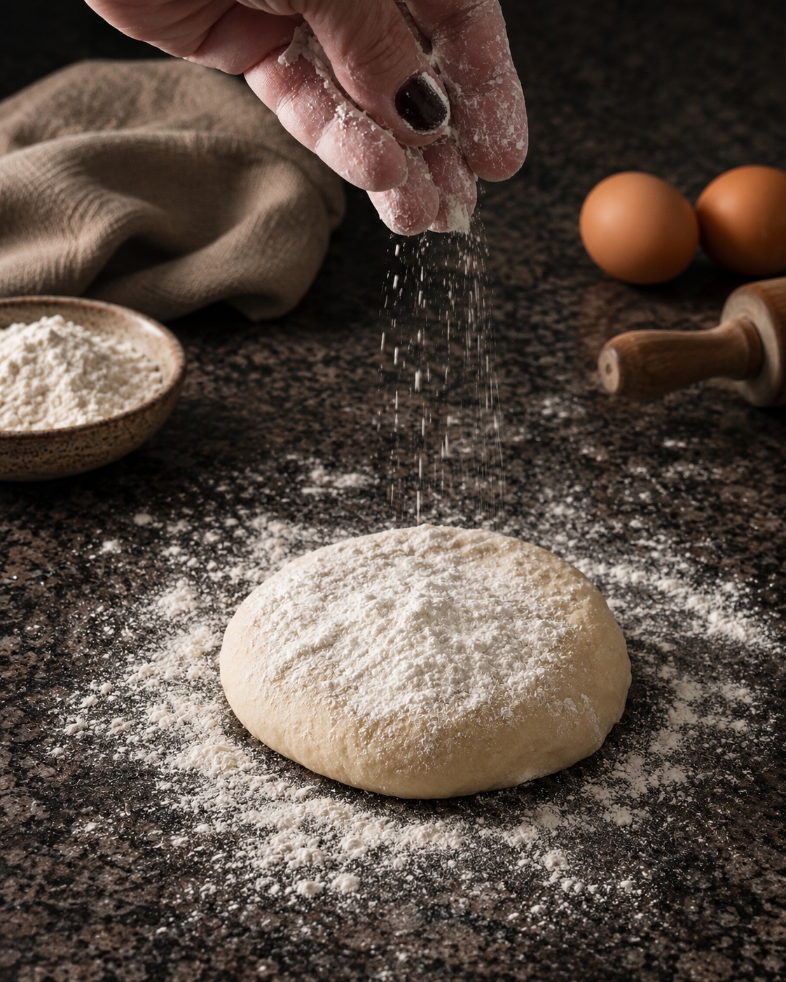 Mãos polvilhando farinha sobre a massa durante o preparo