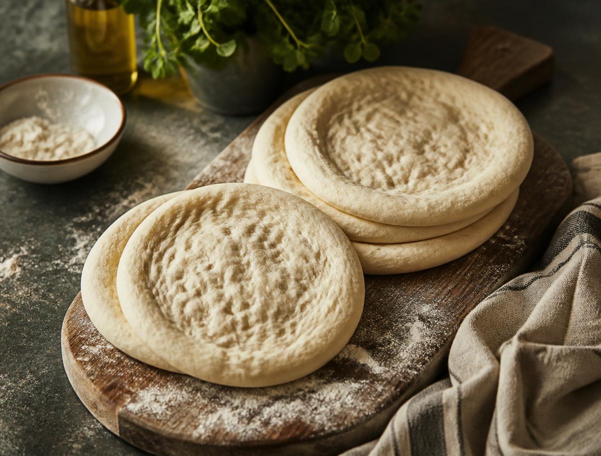Discos de mini pizza artesanal sobre tábua de madeira polvilhada com farinha