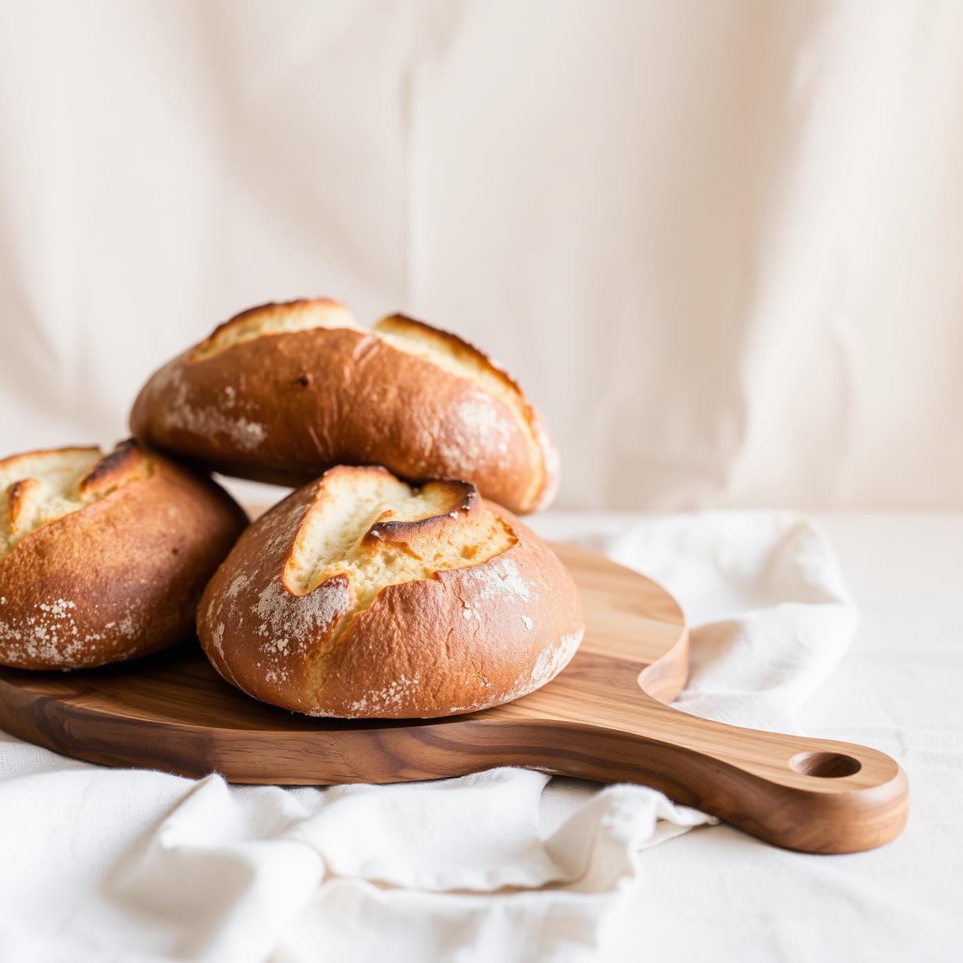 Pães caseiros dourados sobre tábua de madeira e pano de linho